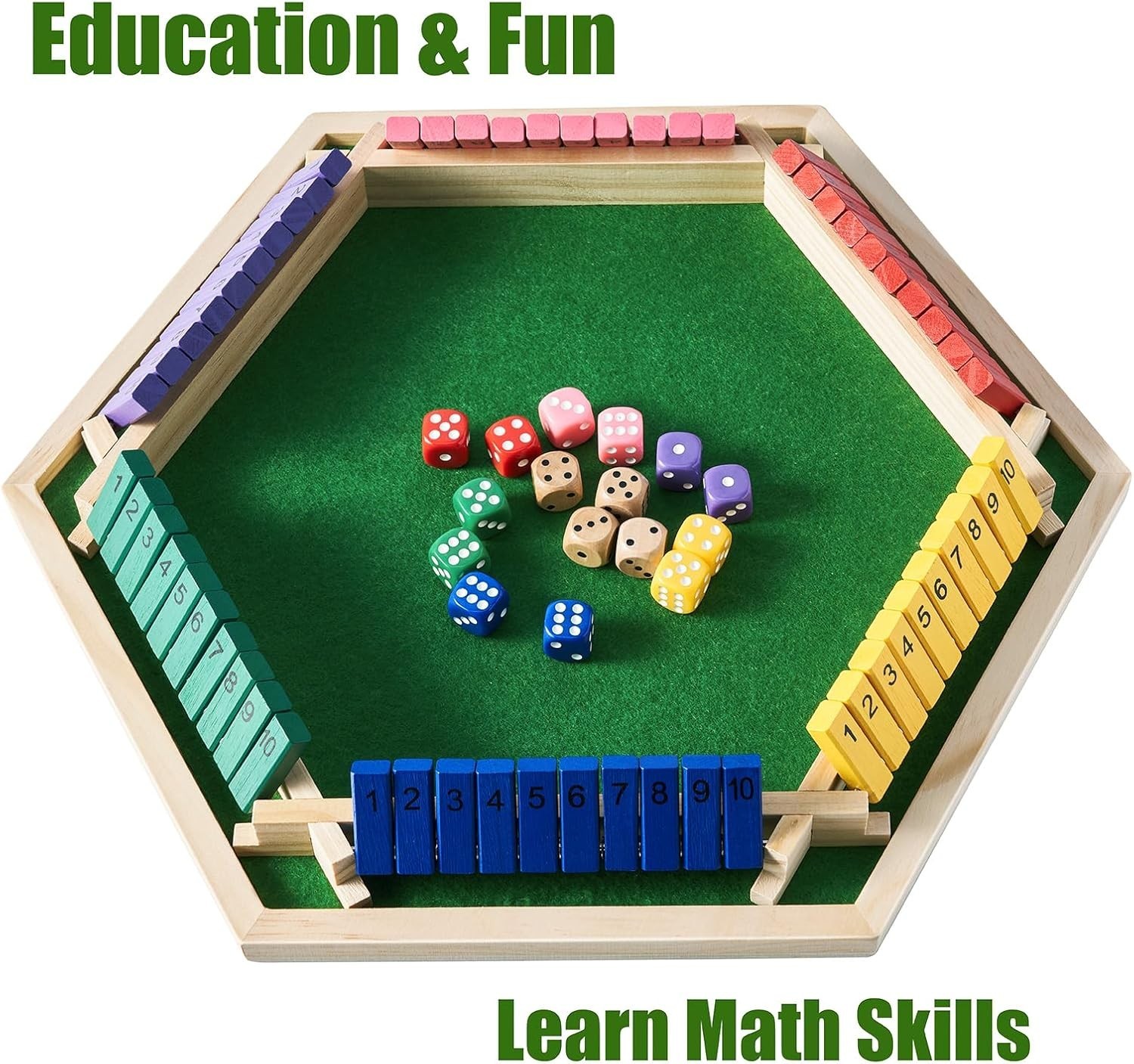 Shut The Box Game for 6 Player with 12+4 Dice – Colorful 6 Sided Wooden Board…