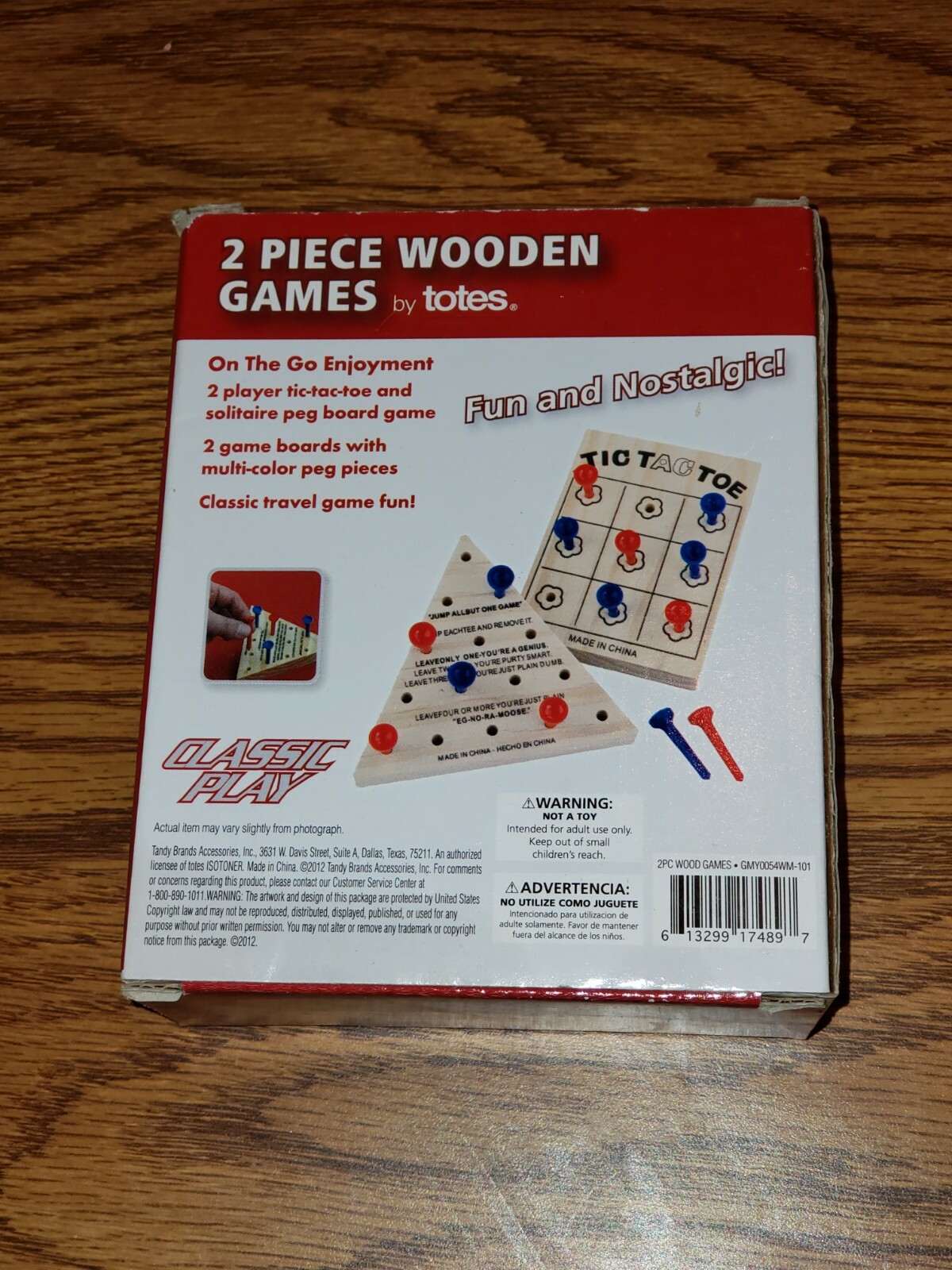 Totes 2 Piece Wooden Games Tic-Tac-Toe & Solitaire Mini Travel Peg Board Game