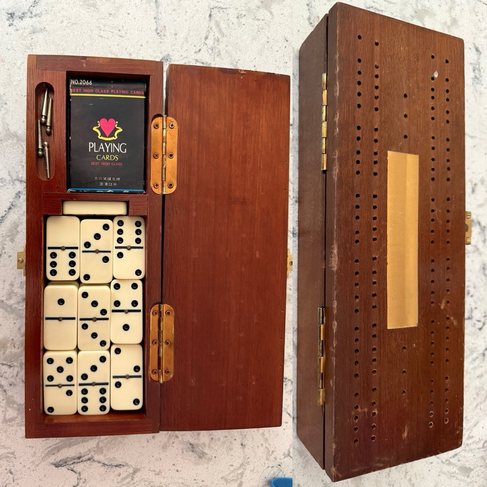 Vintage Taiwan Made – Domino Set In Wooden Box W/28 Domino’s & Playing Card