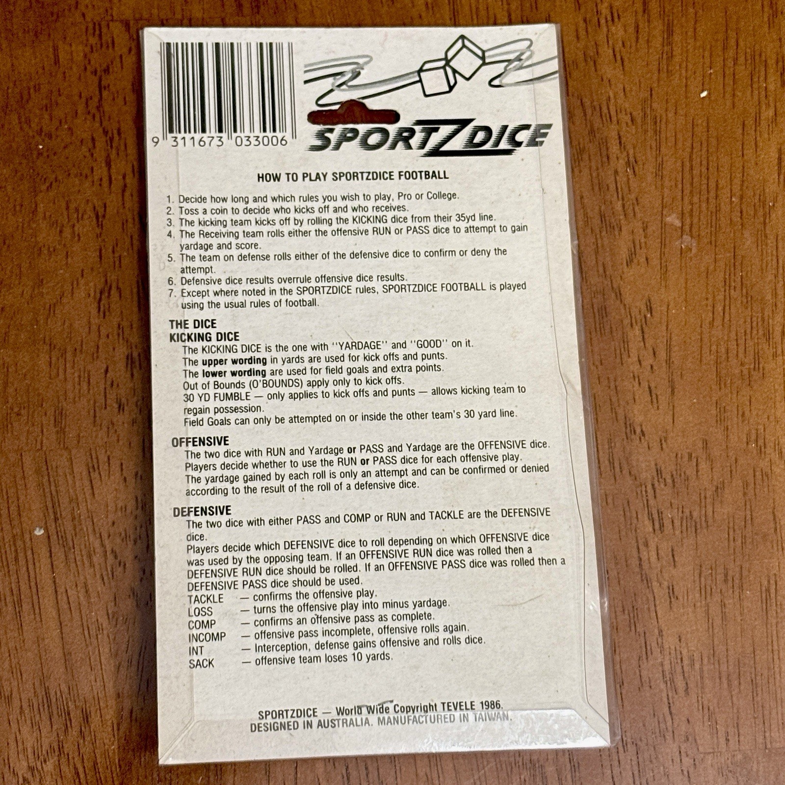 Vintage 1986 Football Dice Game Sealed SportZDice Tevele NOS Sports Travel Game