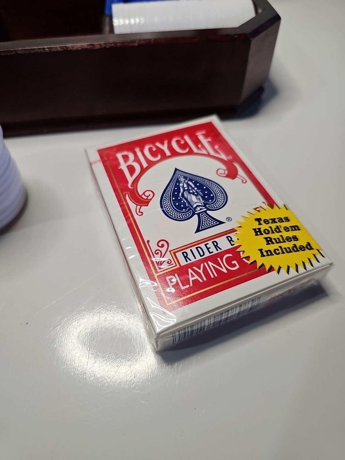Bicycle Poker Set 1 Sealed Deck 10 Dice Red, Blue and White Chips Wood Box Glass