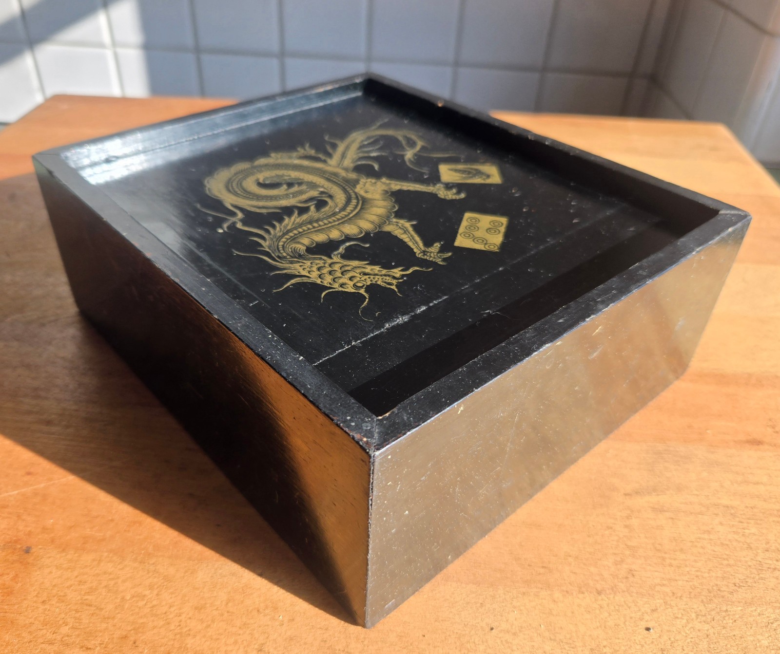 Antique Mah Jong Wooden Box Set, 144 Bone and Bamboo Tiles
