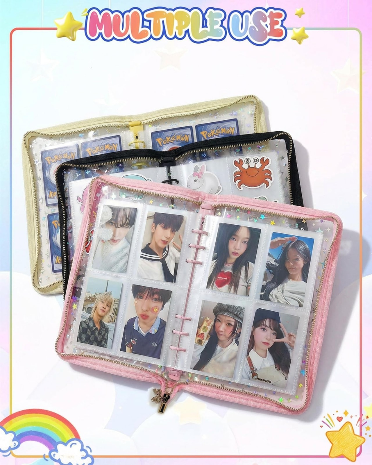 Loiuvos 4 Pocket Card Binder for Girls with 20 Stickers, A5 4-Pocket, A Pink