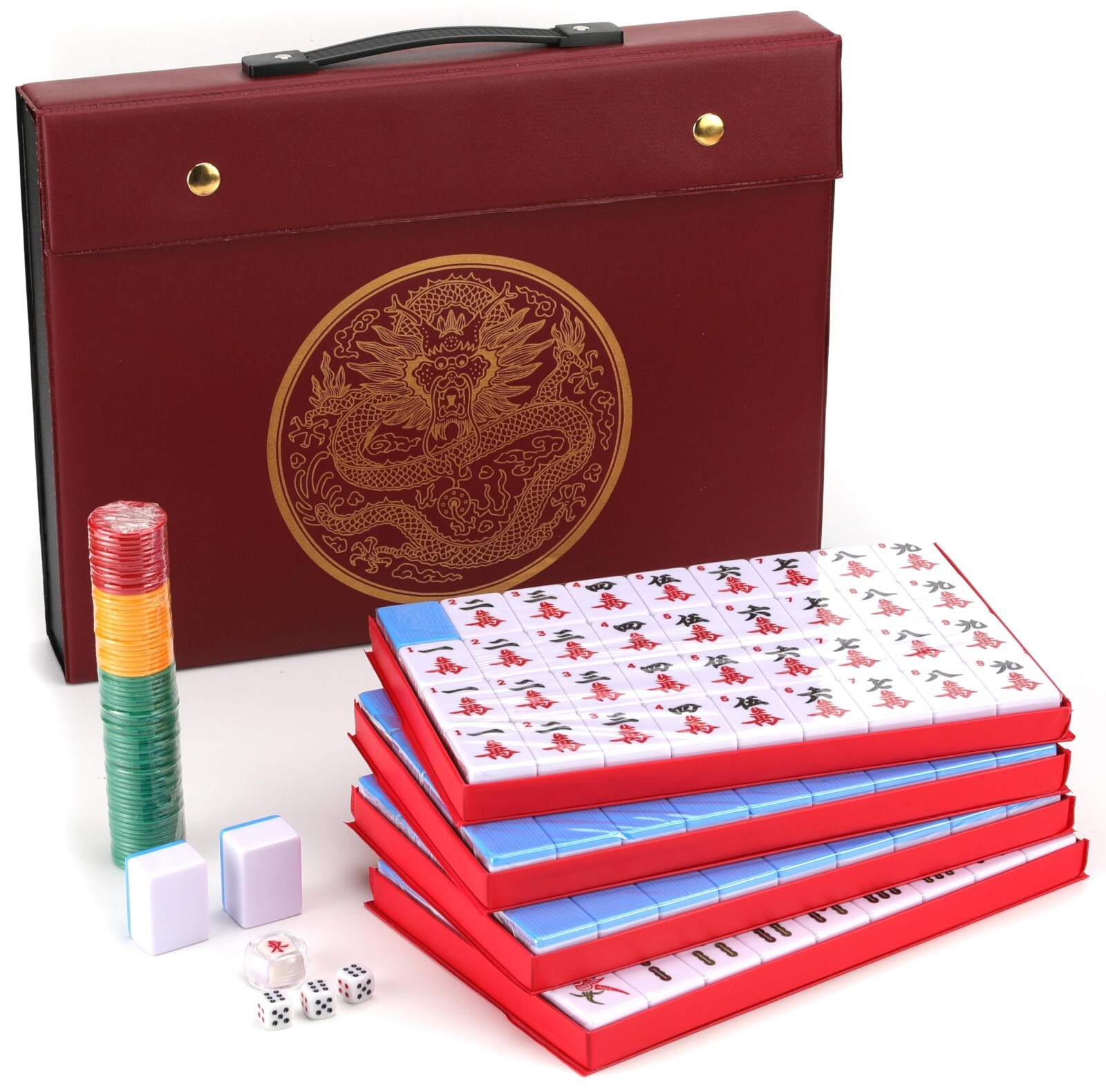 Chinese Mahjong Game Set X-Large 144 Numbered 1.5″ Blue Tiles Mah-Jongg in Case