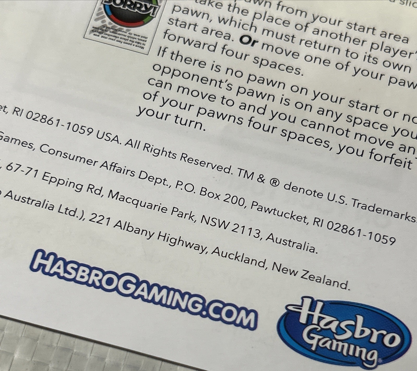Sorry! Instruction Booklet Replacement Rules Manual 2016 Hasbro