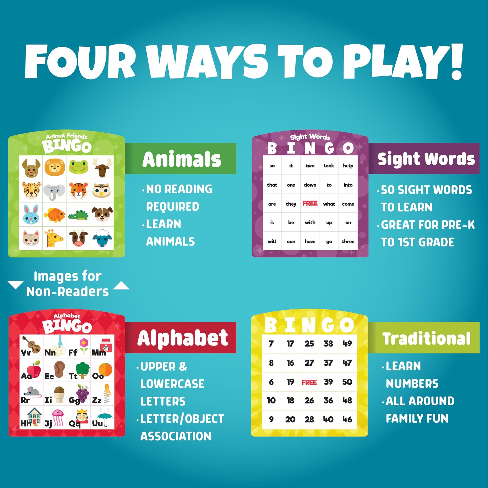 Family Bingo – Educational Bingo Game for Ages 3–6+ | Four Games in : Animals…