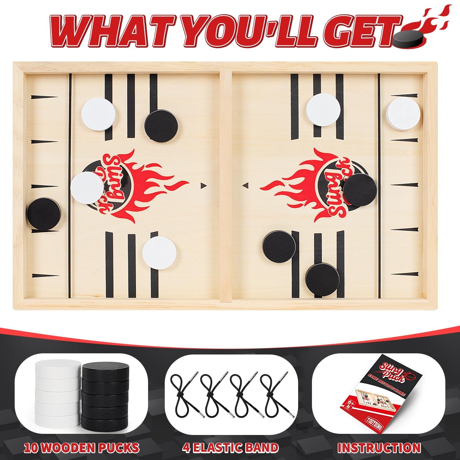 Large Fast Classic Slingshot Puck Game – Wooden Hockey Board for Family Fun, 2 P