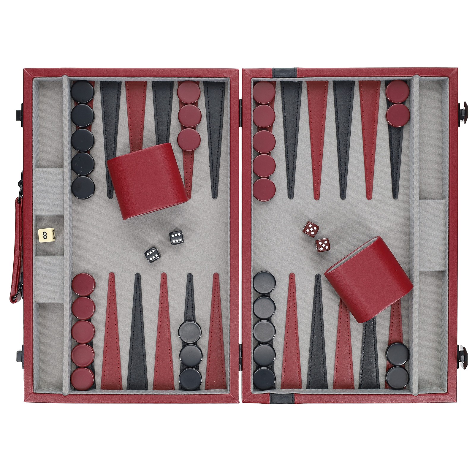 WE Games Burgundy/Black Leatherette Backgammon Set, 18 x 11 in. closed