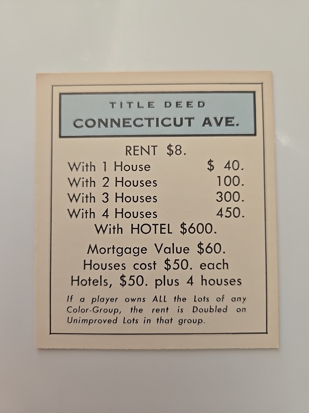 1985 Vintage Monopoly Connecticut Ave Light Blue Title Deed Card Game Piece Part