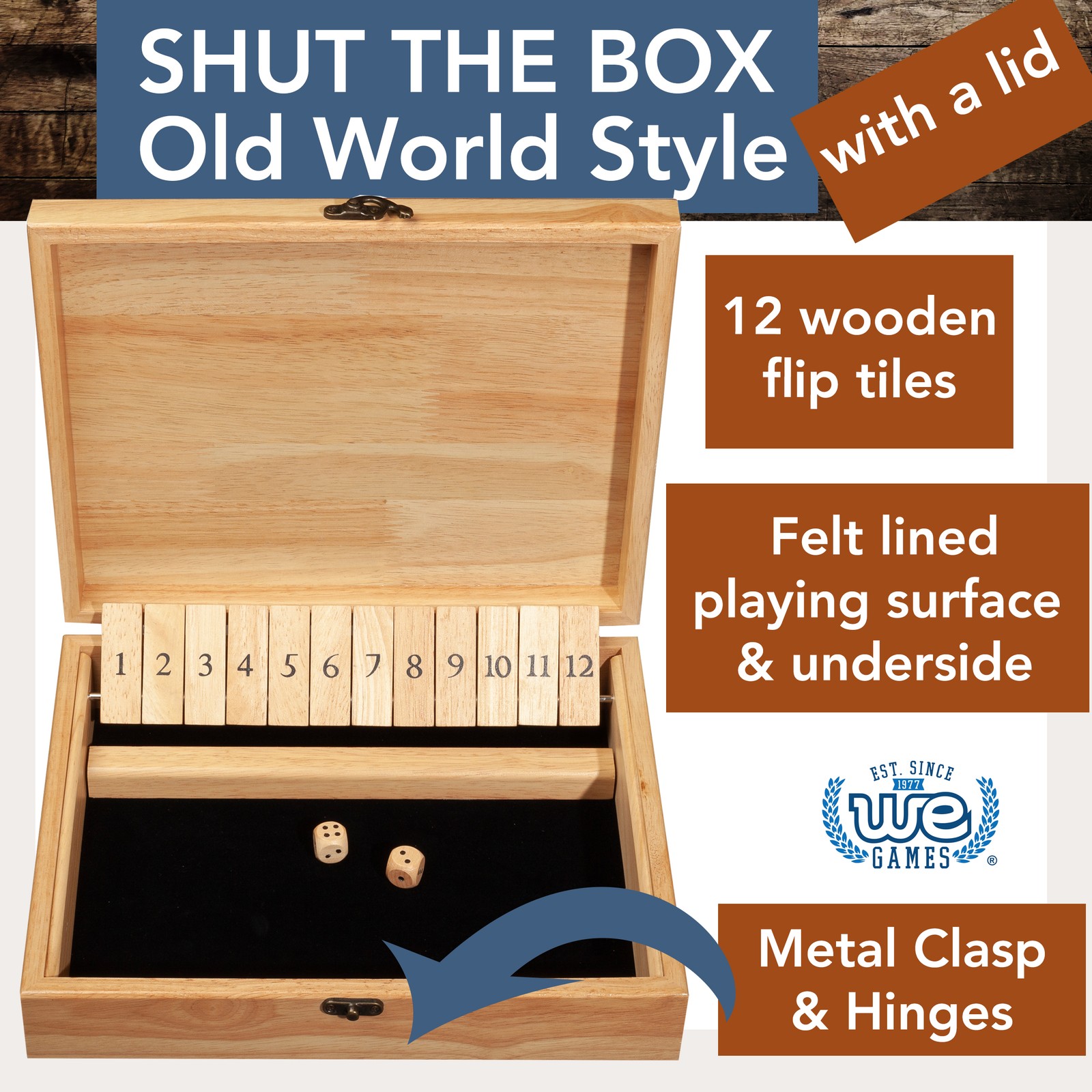 WE Games Board Game with Dice, 12 Numbers, in Natural Wood Box with Lid