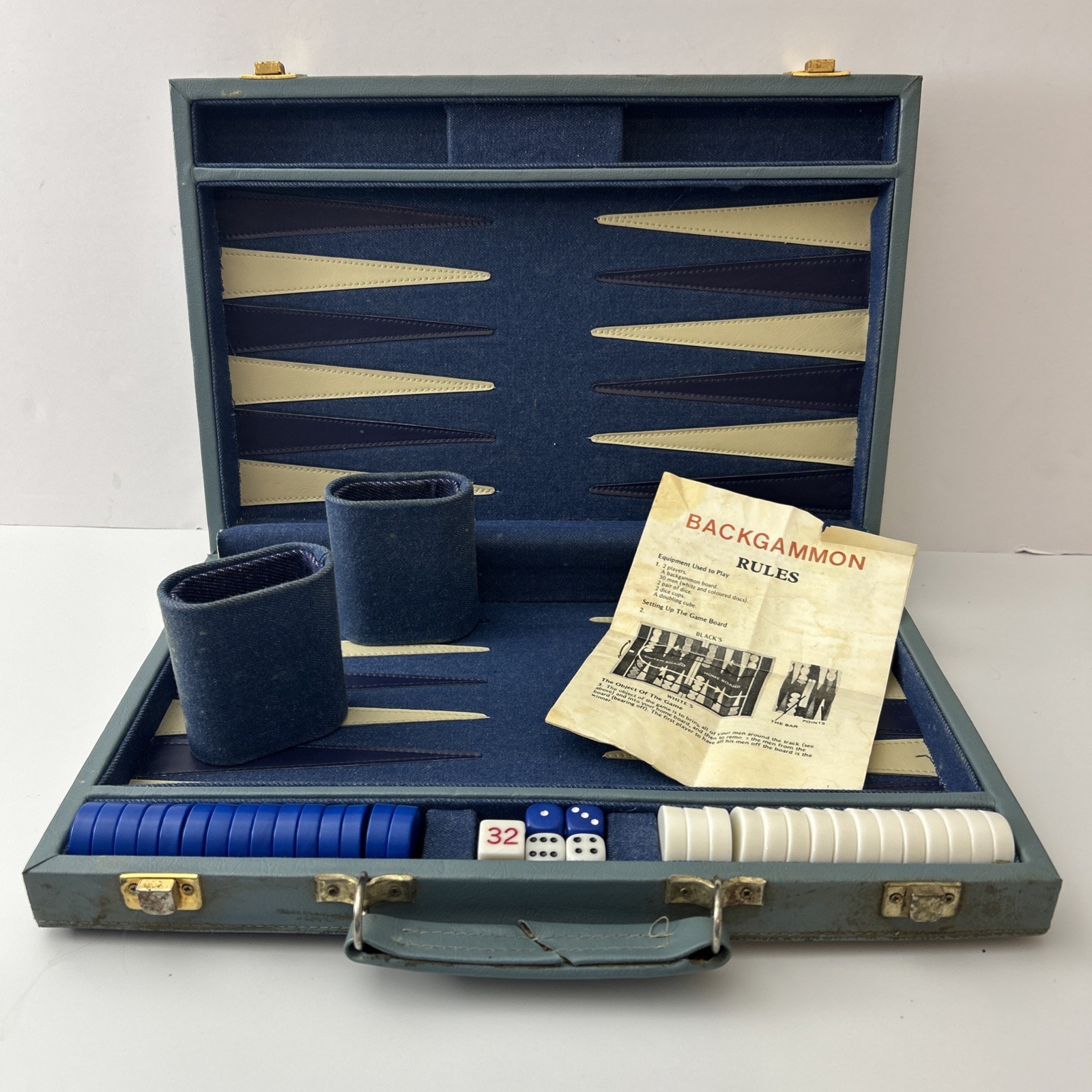 Vintage Backgammon Set Blue Corduroy Case Blue White Bakelite Chips 15” X 20”