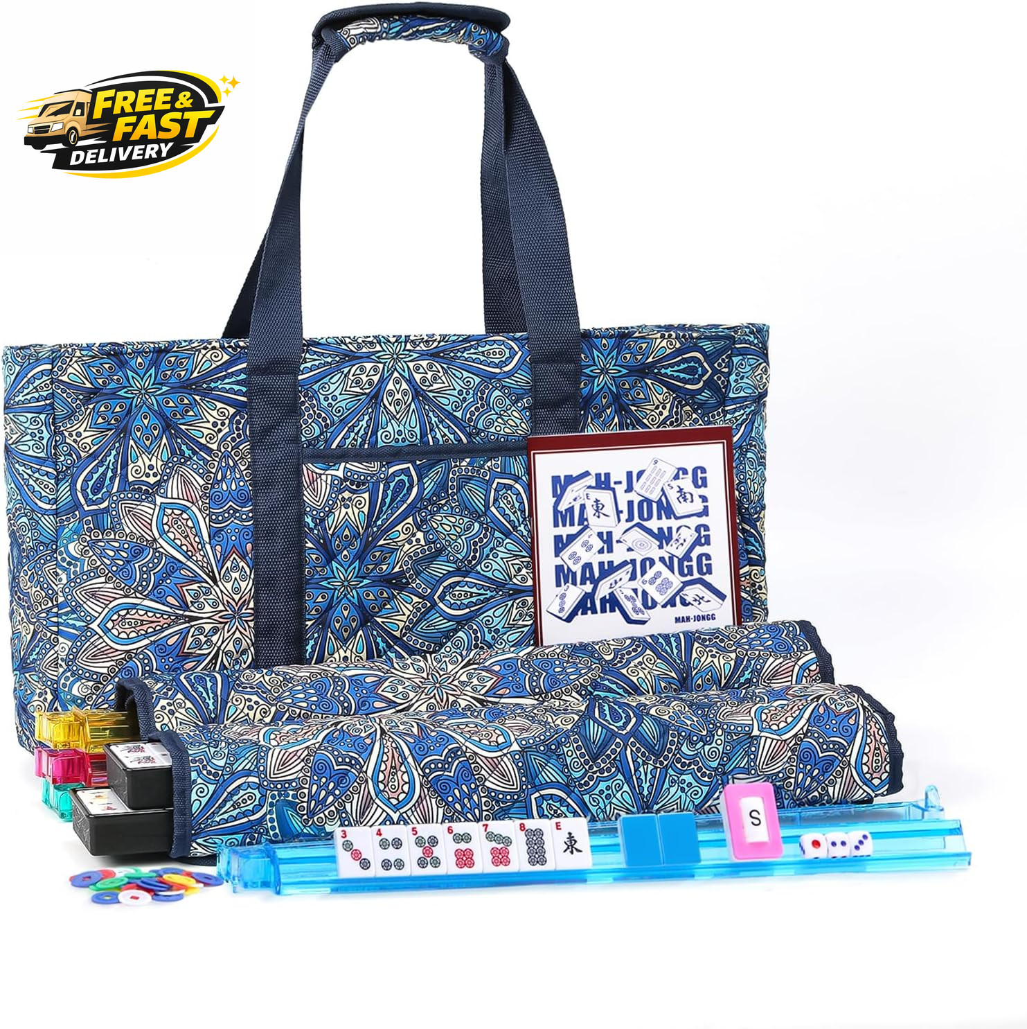 American Mahjong Tile Set with Blue Printed Carrying Bag, 166 Premium Tiles, 4 A