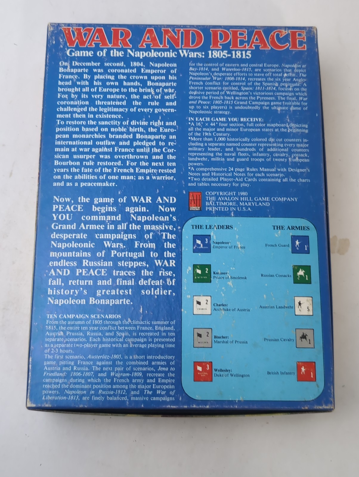 WAR AND PEACE “”Napoleonic Wars 1805-1815” – Avalon Hill – Complete