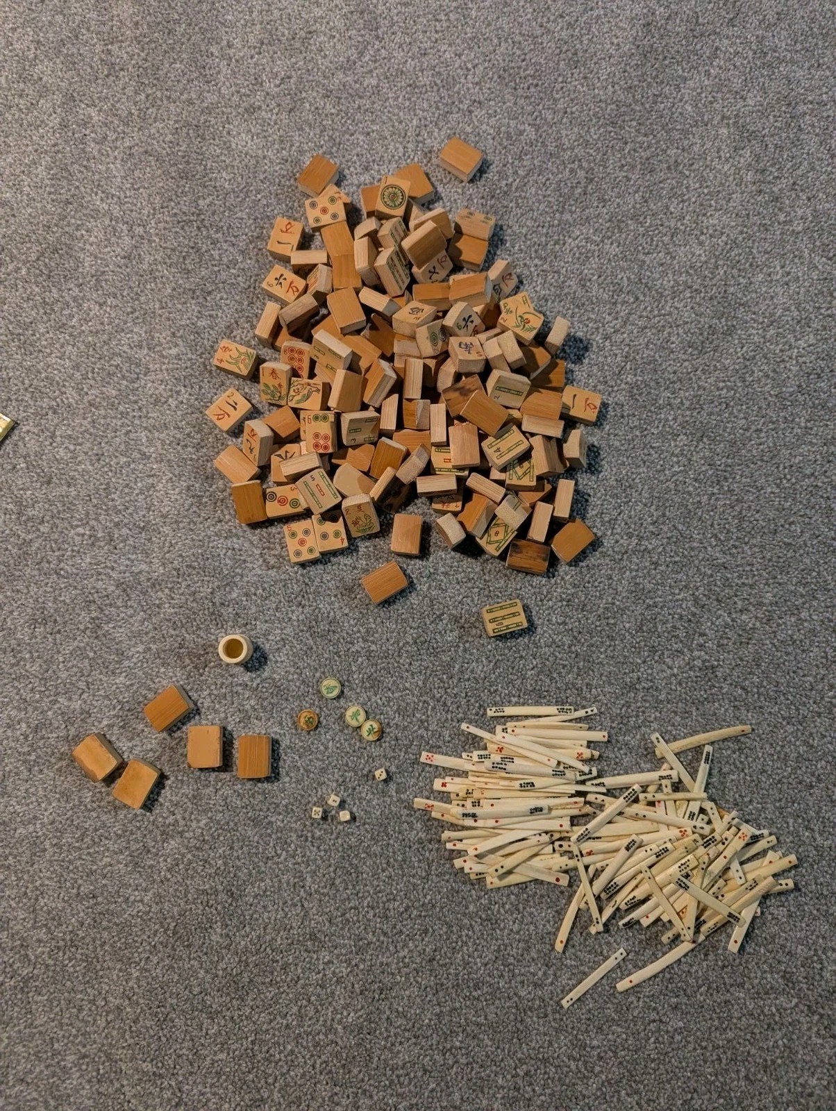 Antique Mahjong Set Bone Bamboo 140 Tiles + 8 Blank & Extras Metal Tin Chinese