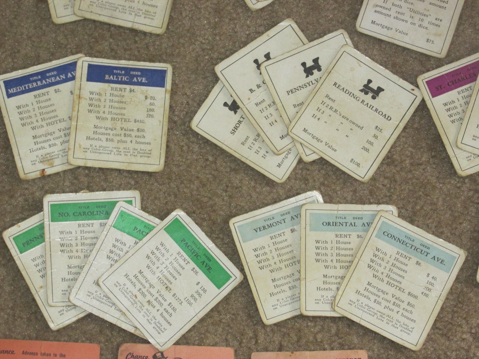 Vintage Monopoly Cards, 2 Wooden Tokens & 24 Wooden Buildings ~1950’s-60’s~Used