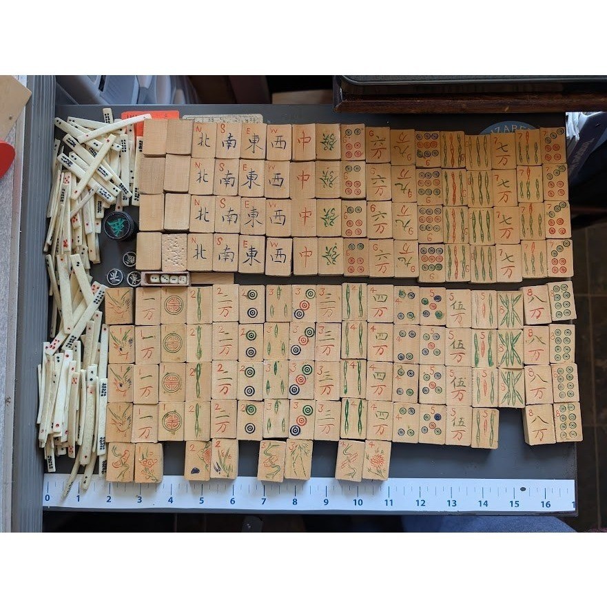 Antique 20s Admiral Mahjong Set Bone Bamboo Tiles Sticks Tin Box Hand Carved