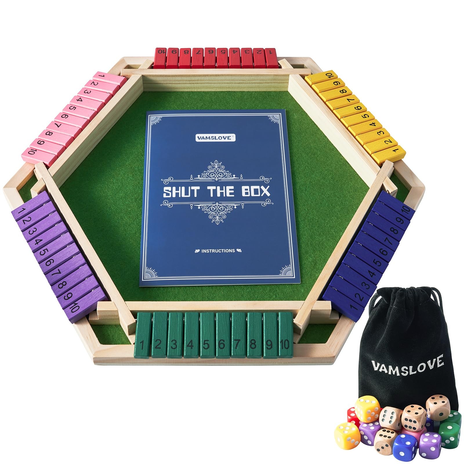 Shut The Box Game for 6 Player with 12+4 Dice – Colorful 6 Sided Wooden Board…