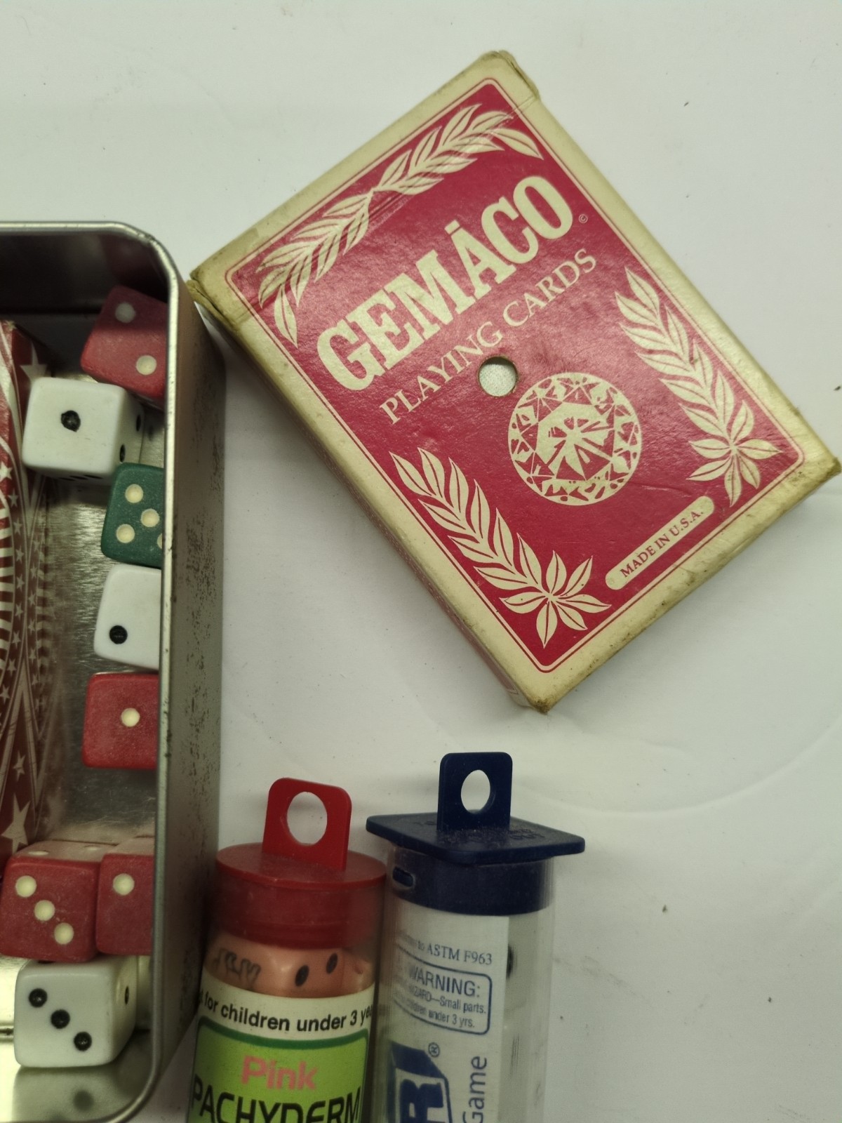 Vintage PhilipMorris Poker Tin w/ Cards, Poker Dice + Pachyderm Poker& LCR Game