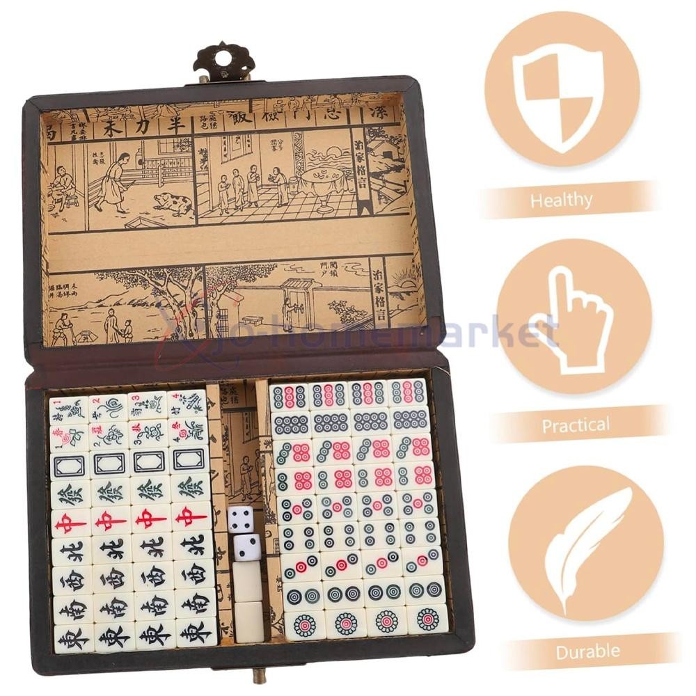 Vintage Chinese Mahjong Game Portable Set 144 Tiles w/ Storage Case Family Game