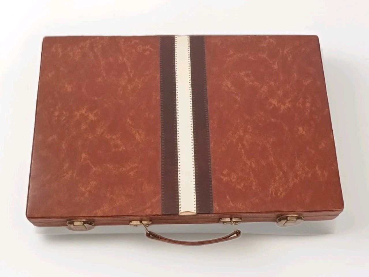 VTG 12″x 18″ Backgammon Set Brown Faux Leather Case Complete Some Chip Damage