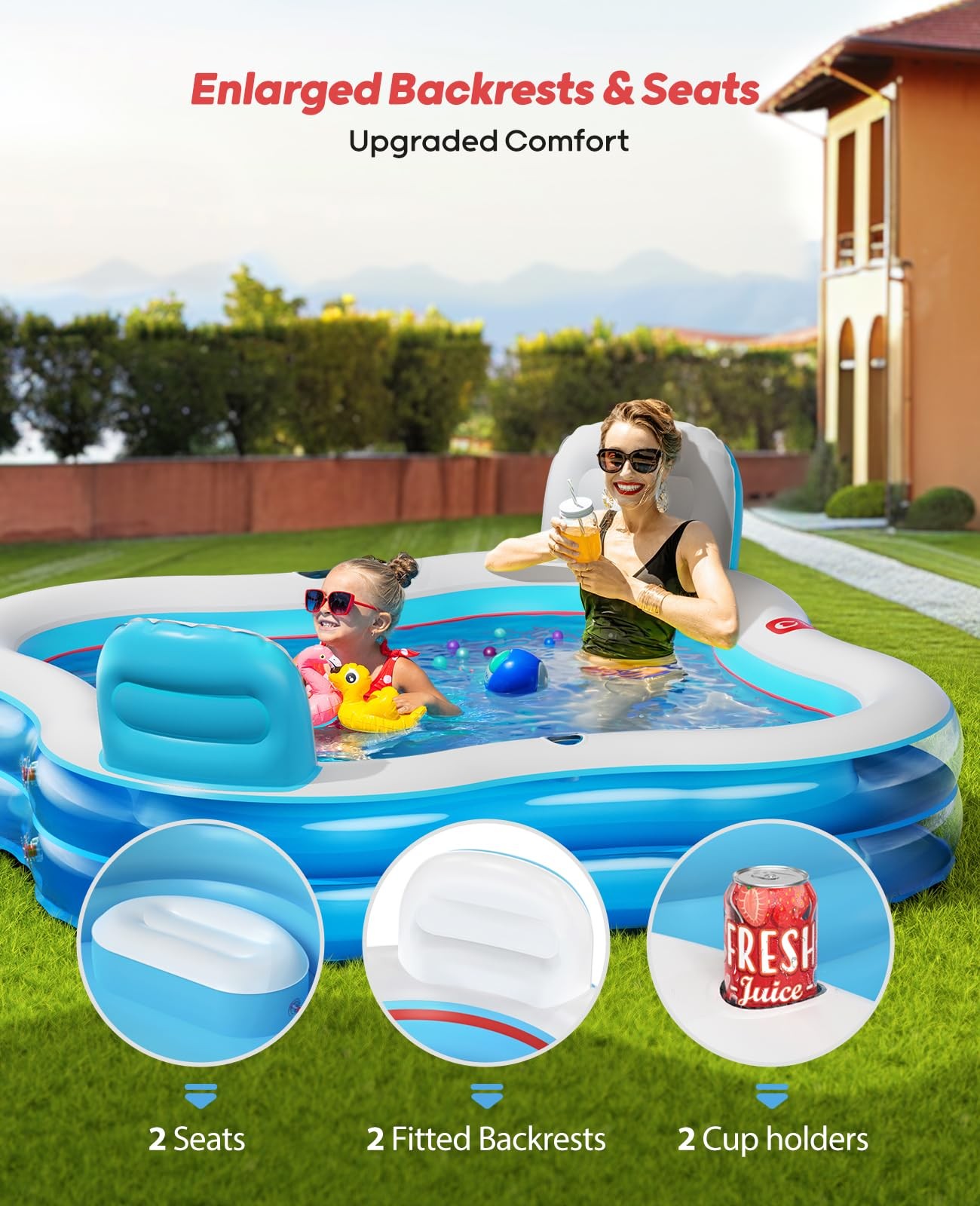 Inflatable Swimming Pool 80 x80 x16.5 2 Seats Backrests Clear Blue QPAU Large