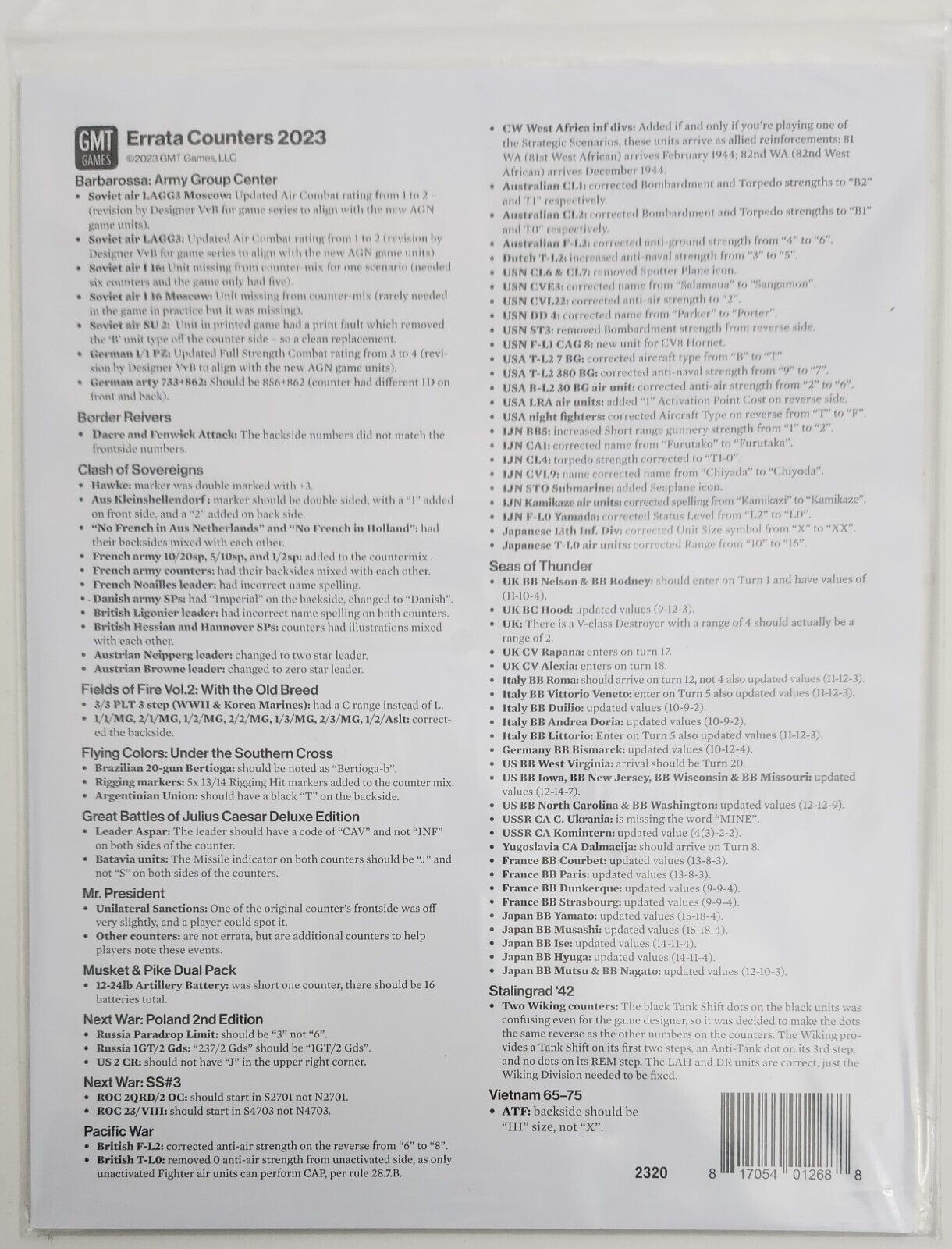 GMT Games 2023 Replacement Counter Sheet SEALED