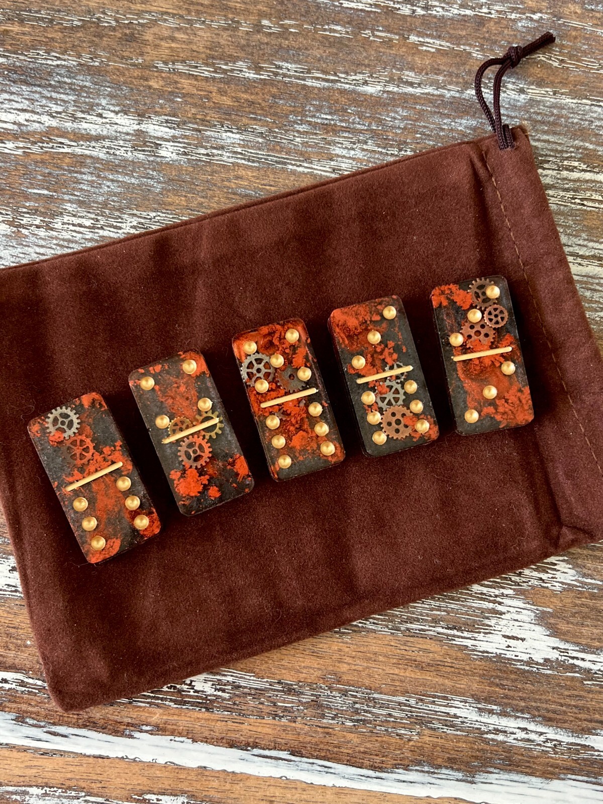 Old World Steampunk Resin Dominoes Game with Velvet Bag 28 pieces Handmade Gift