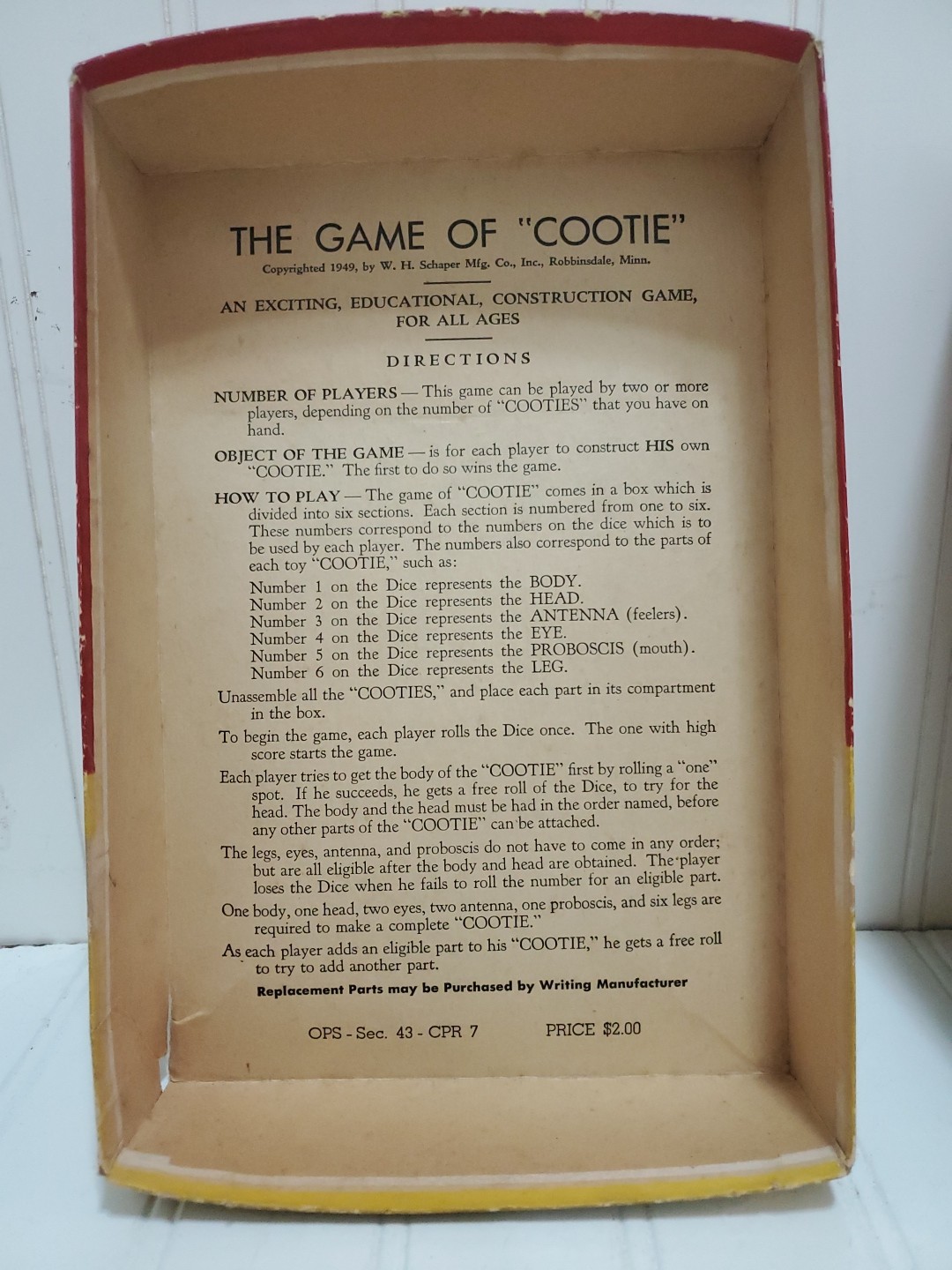 Vtg Bug Board / Dice Game: “COOTIE” 1949 Original Box W.H. Schaper MFG. Complete