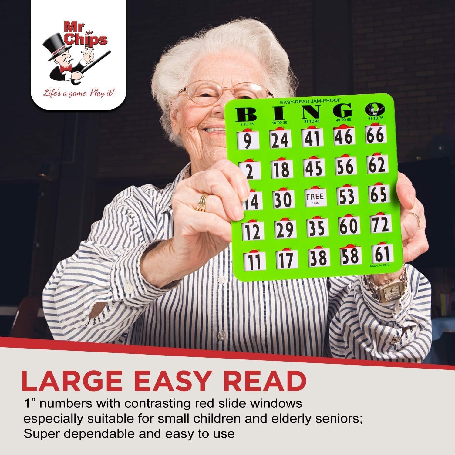 Jam-Proof Large Print Bingo Cards with Sliding Windows, 10 Pack, Green