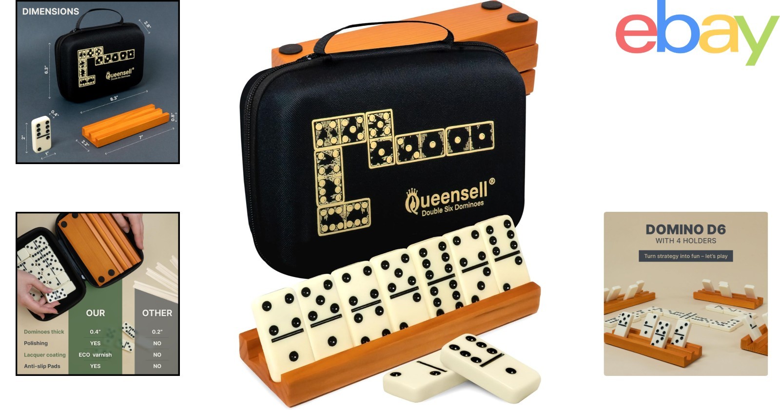 Complete Double Six Dominoes Set with 4 Racks and Travel Case for Adults