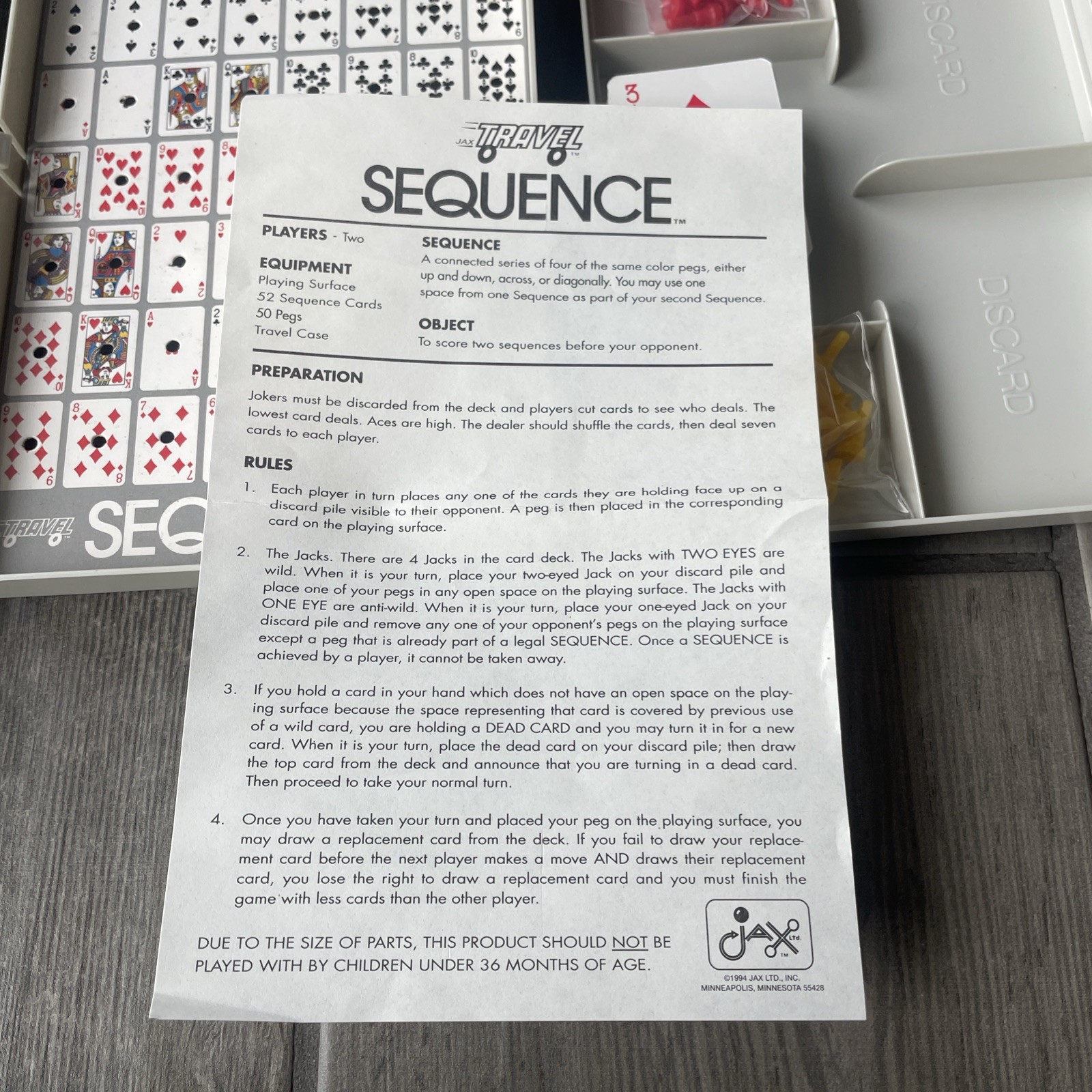 Sequence TRAVEL Board Game A Game of Strategy JAX Ltd 1994 VERY GOOD CLEAN COND