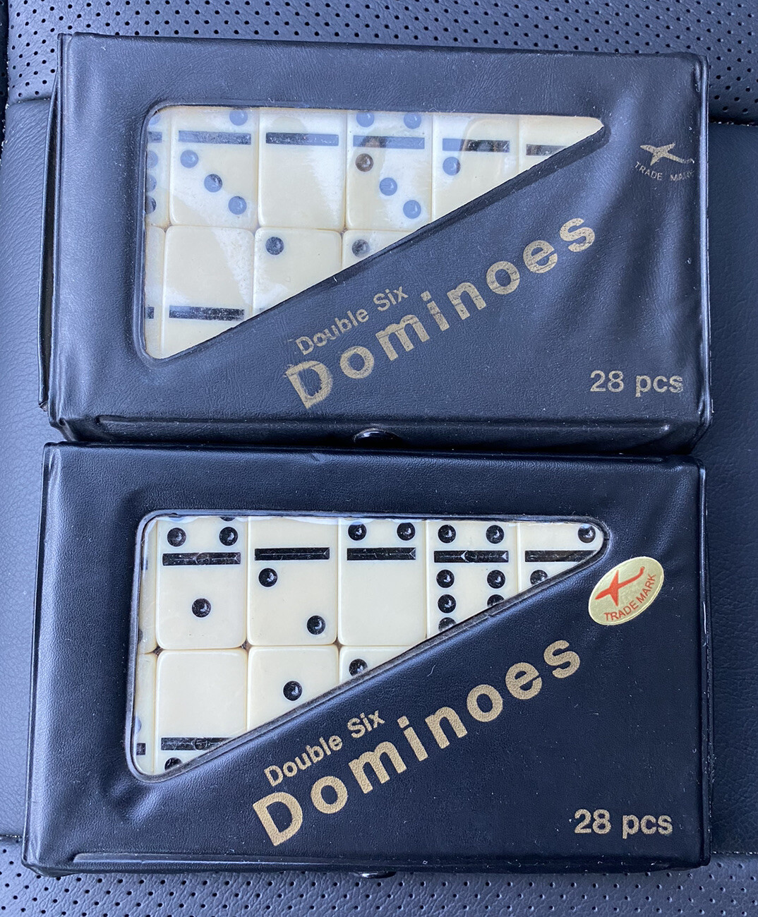 Set of 2 – Trade Mark Double Six Dominoes Set of 28 w/ Black Storage Case – Vtg
