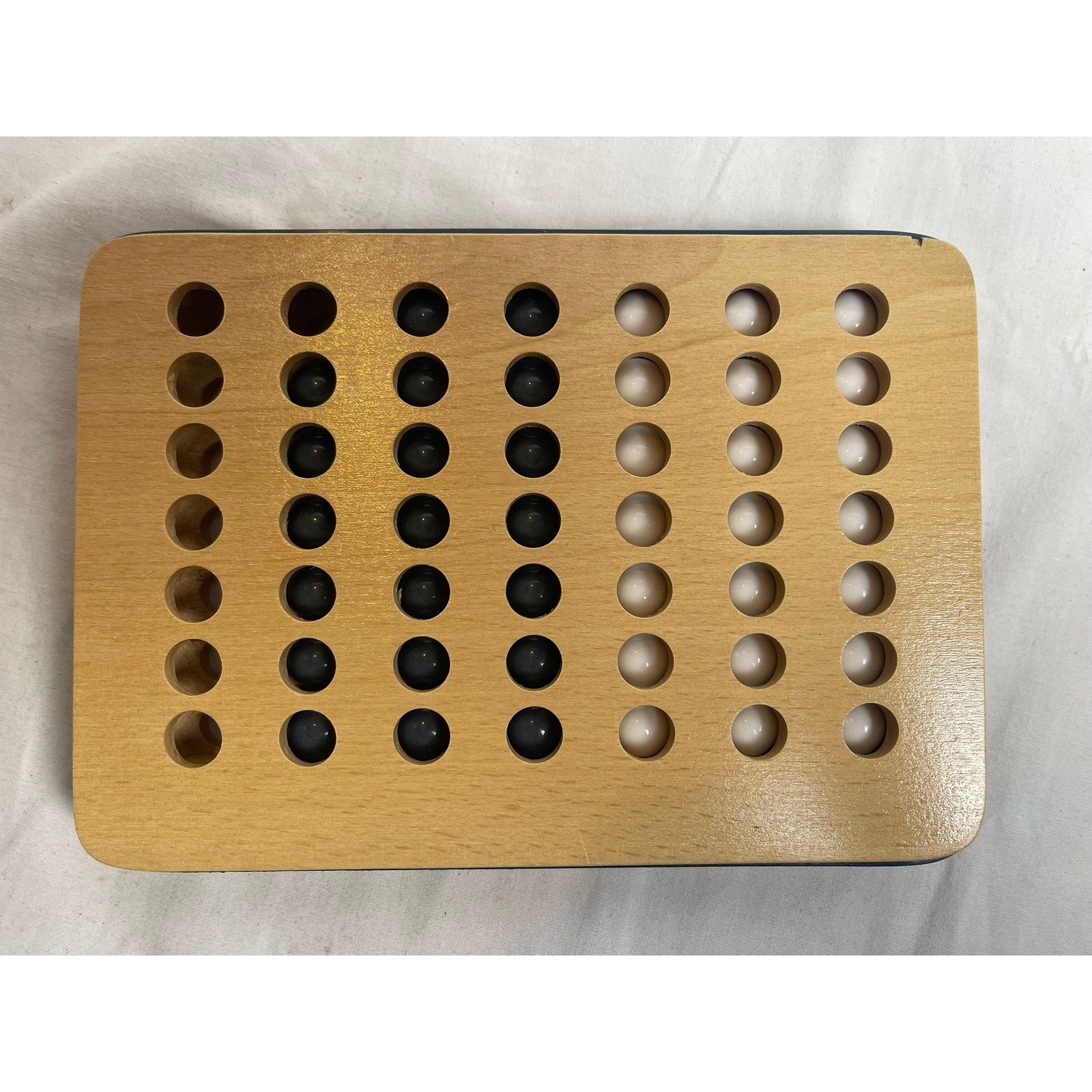 MerchSource Wooden Four In A Row Strategy Game Navy Blue Natural Wood Marbles