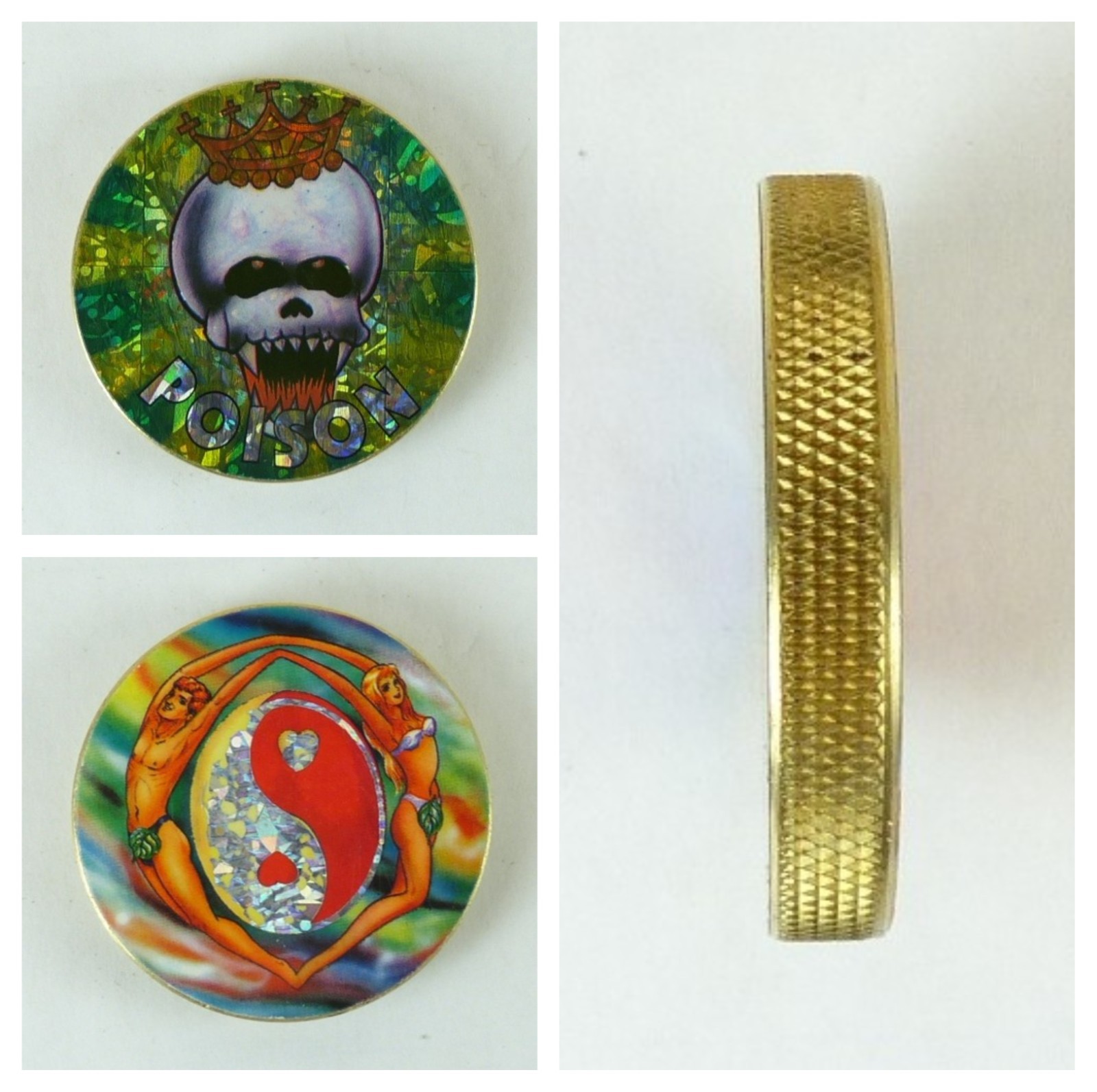 1/4″ Thick 2.5oz Heavy Brass Double Sided Pogs Slammer Poison Skull Yin Yang