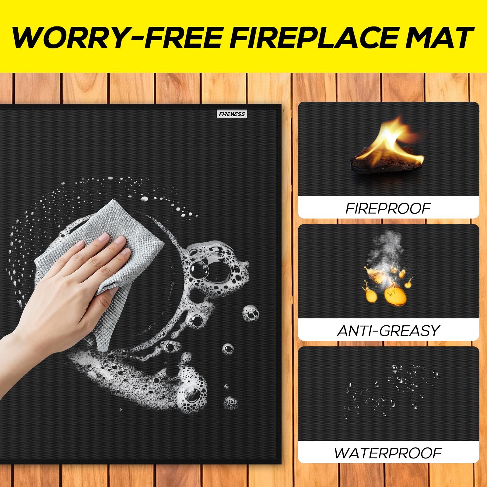 Hearth Rugs for Fireplaces Fire Resistant Mat, 2′ x 3’6″ (Rectangular), Black
