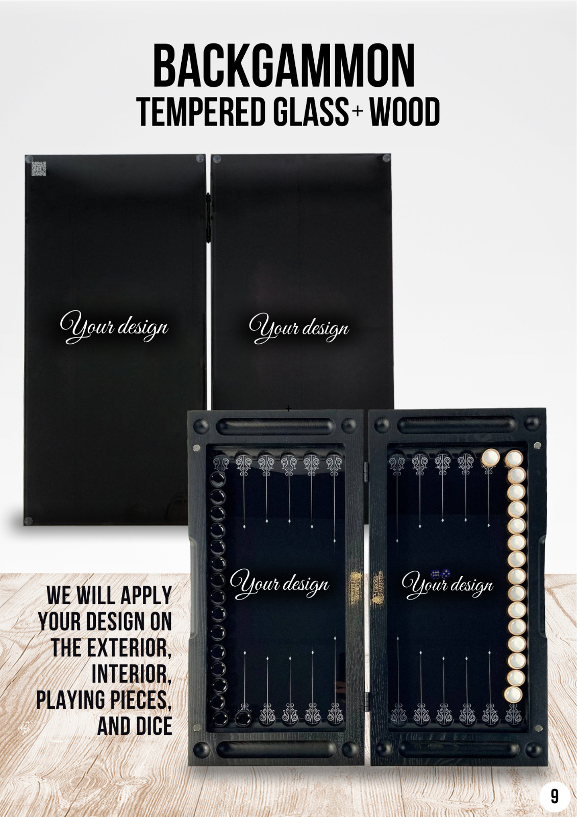 Glass & Wood Backgammon Set with Compass Design, Custom Board Game, 20×10 in