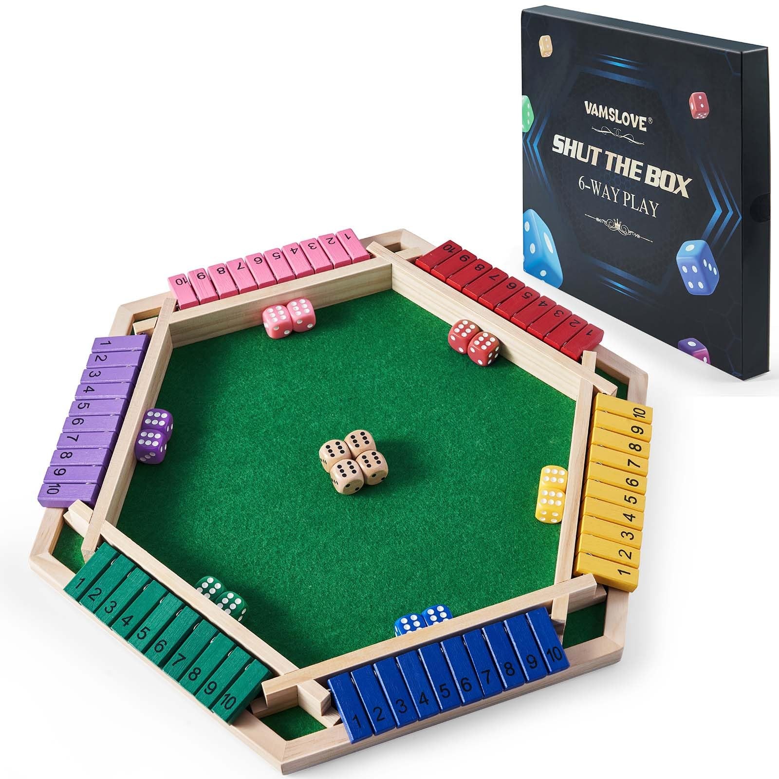 Shut The Box Game for 6 Player with 12+4 Dice – Colorful 6 Sided Wooden Board…