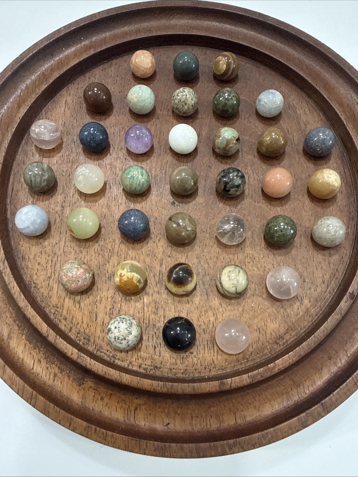 Vintage Wooden Solitaire Game with 37 Semi-Precious Stone Marbles
