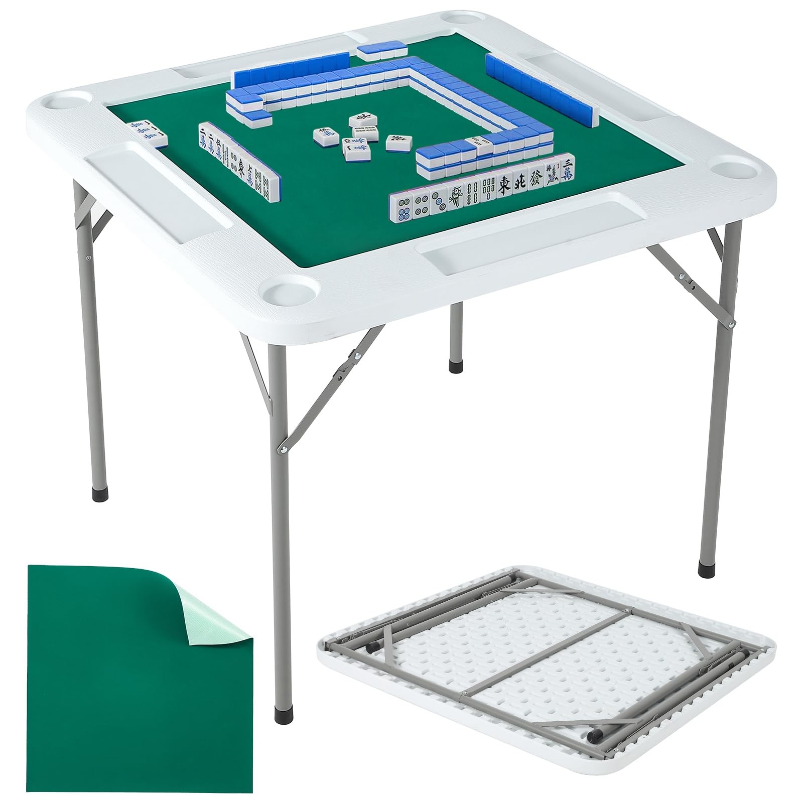 4 Player Fold Mahjong Table 35.4in Square Game Desk Green Wear Resist Top Trays