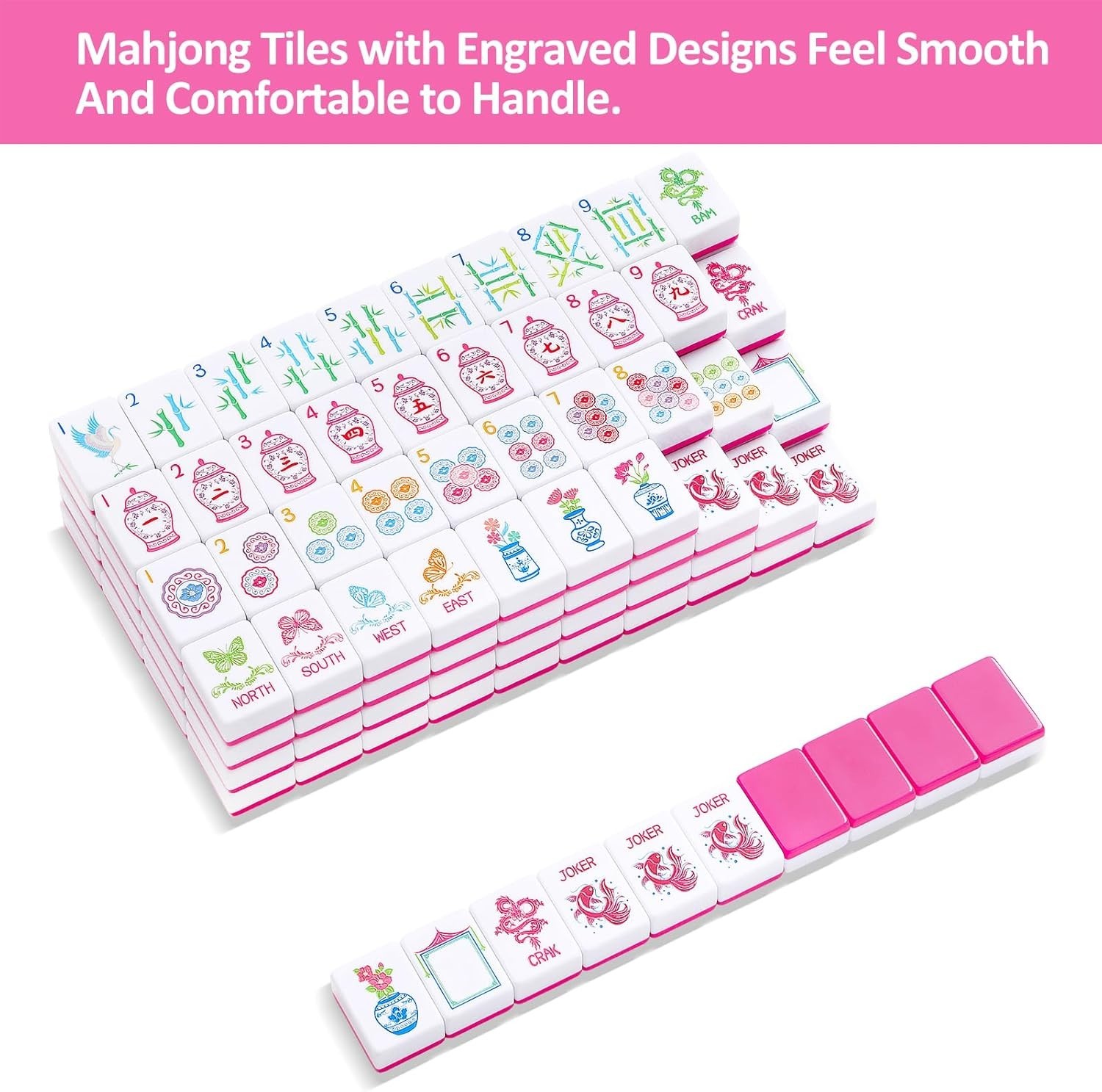 American Mahjong Carved/Engraved MAGENTA tiles Pink Bag COMPLETE & BRAND NEW