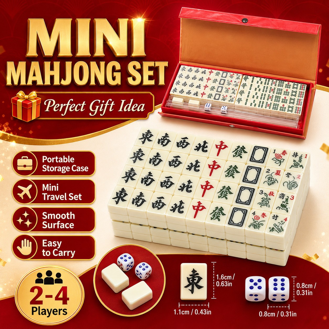 Mini Mahjong Set 144 Tiles 2 Dice Travel Board Game Storage Case Gift for Kids!!