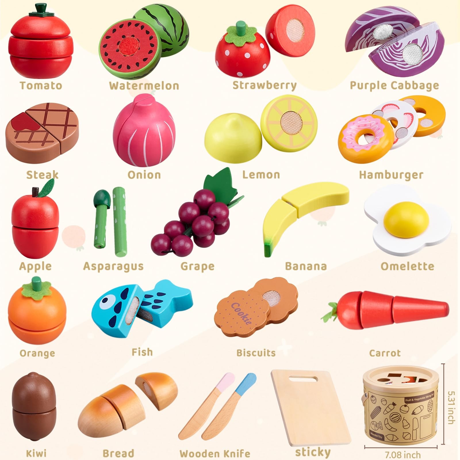 Wooden Play Food Set 45 Pcs Kids Kitchen Fruits Veggies Montessori Toy 3-6 Gift