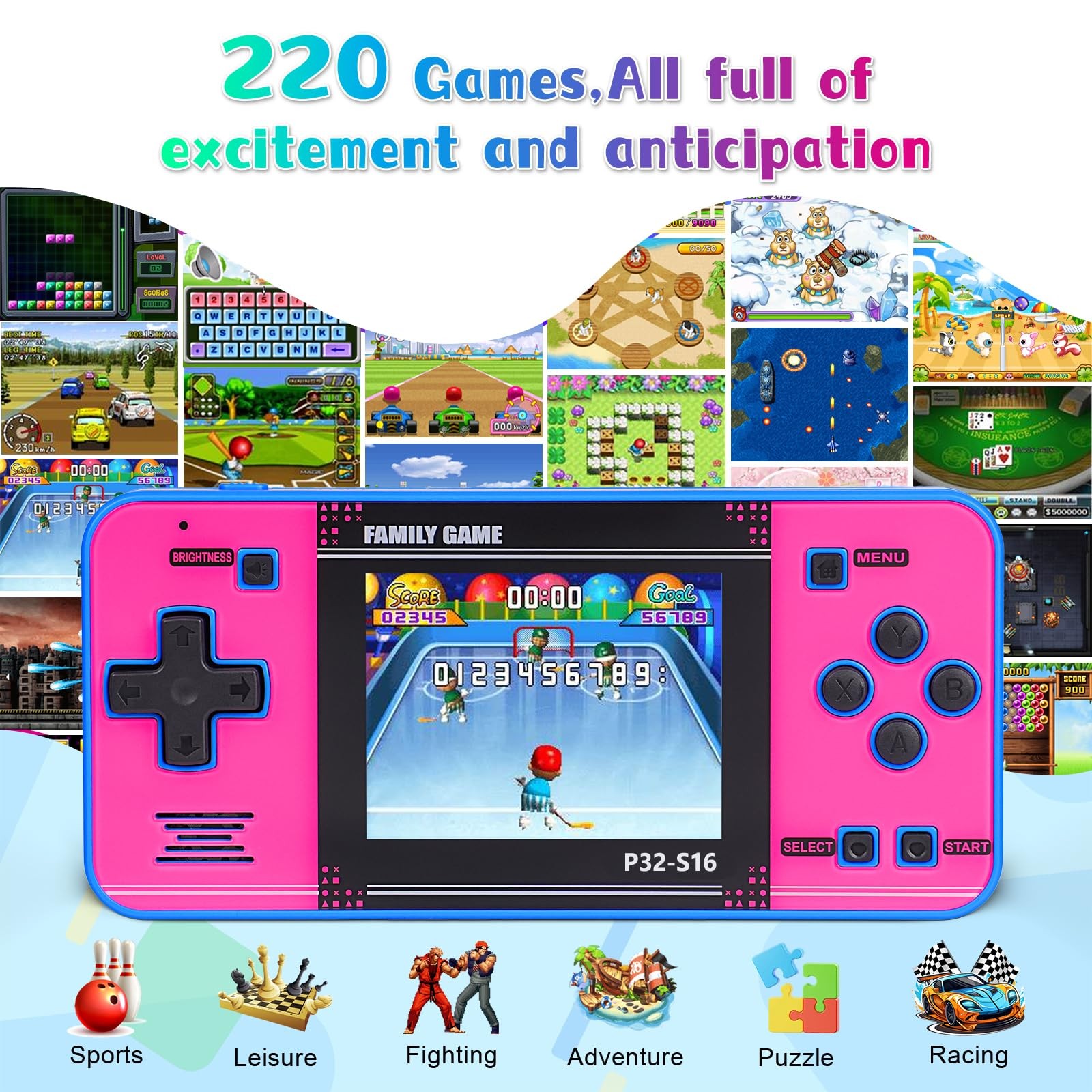 Handheld Game for Kids ，Built-in 220 32-bit Video Games, 3.0” IPS Screen, Rec…