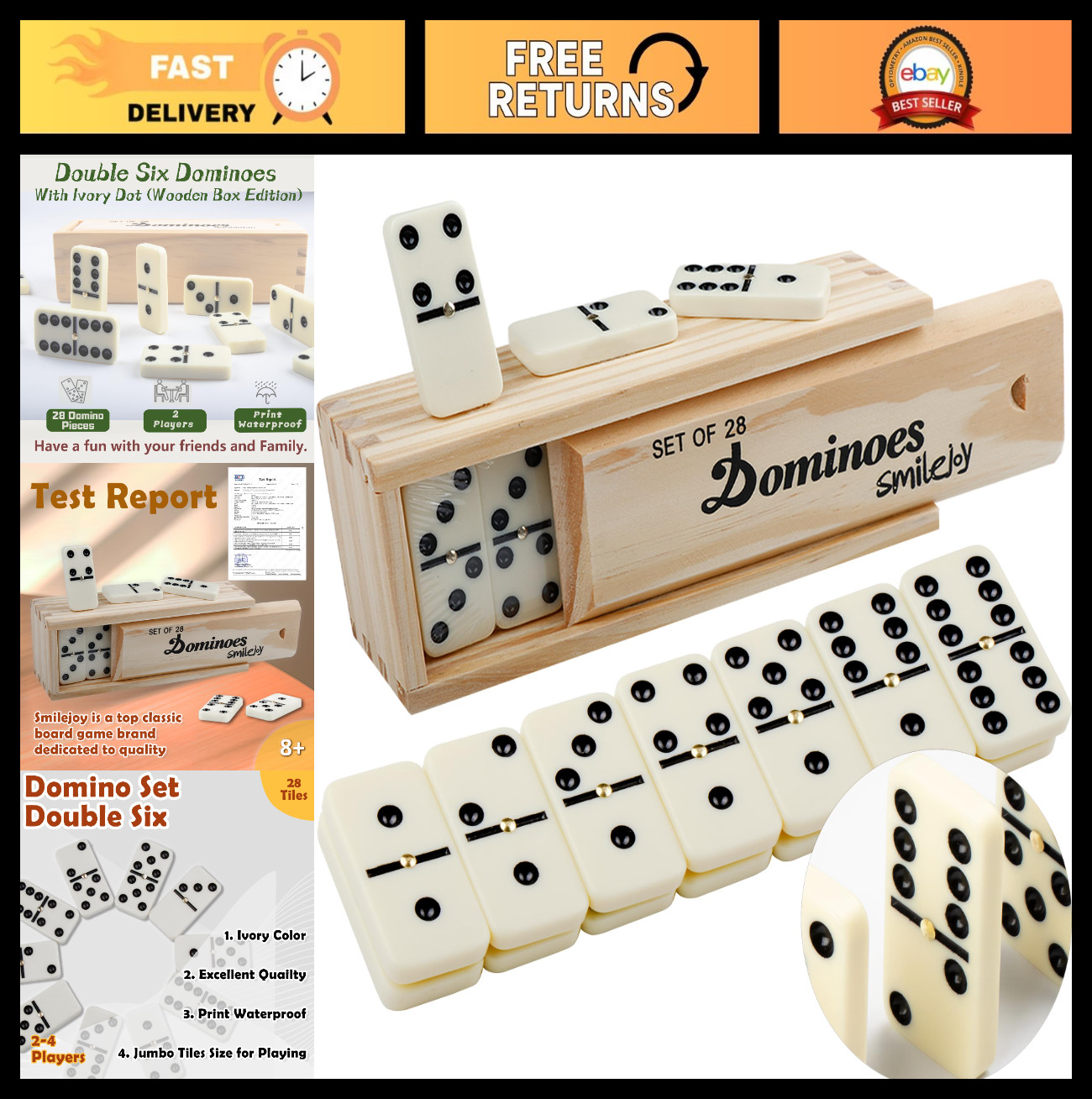 Classic Double 6 Dominoes Set for Adults – 28 Piece Game with Wooden Case, 2 Pla
