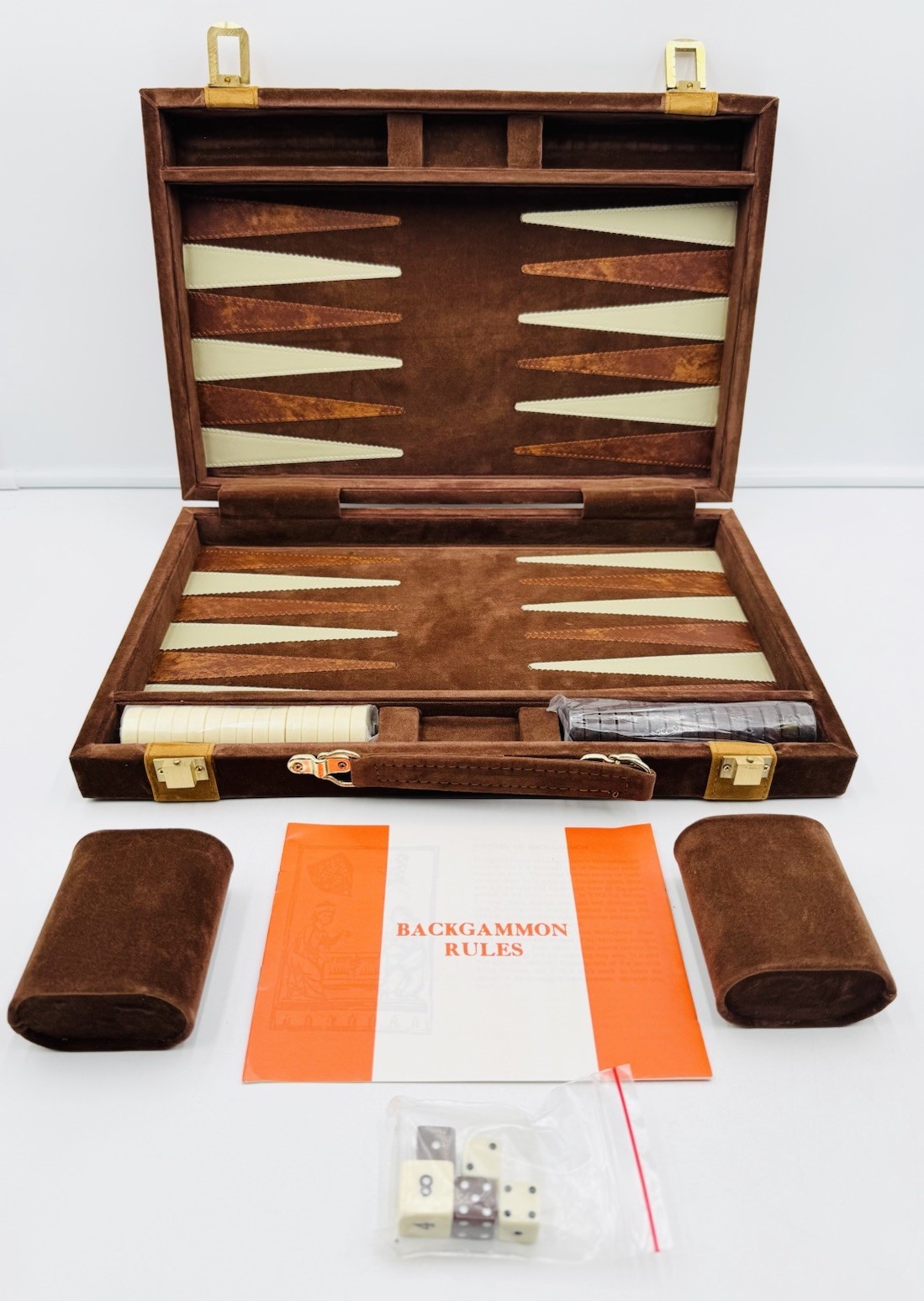 Vintage New Backgammon Game Set Brown Tan Corduroy Felt Briefcase NOS