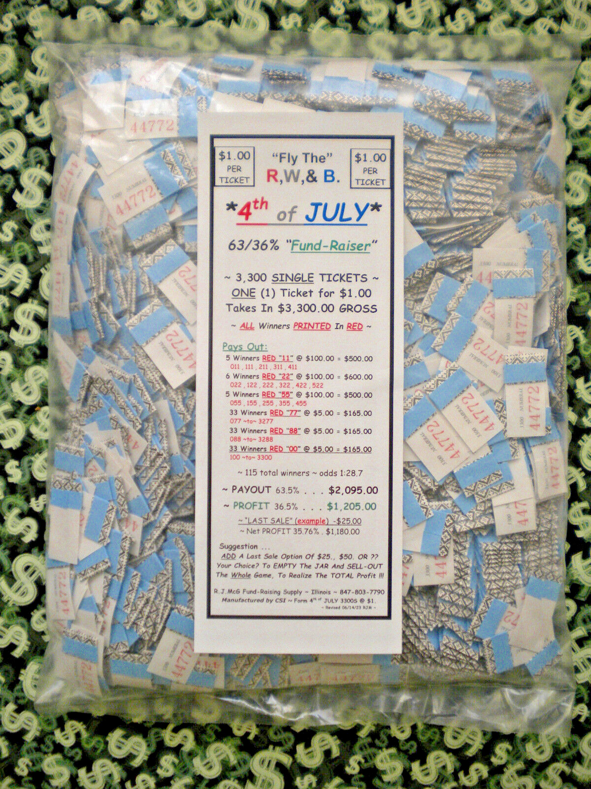 3,300ct @ $1. “4th Of JULY” 16-$100’s INSTANT WIN JAR TICKET Pull Tab Prf$1,205.