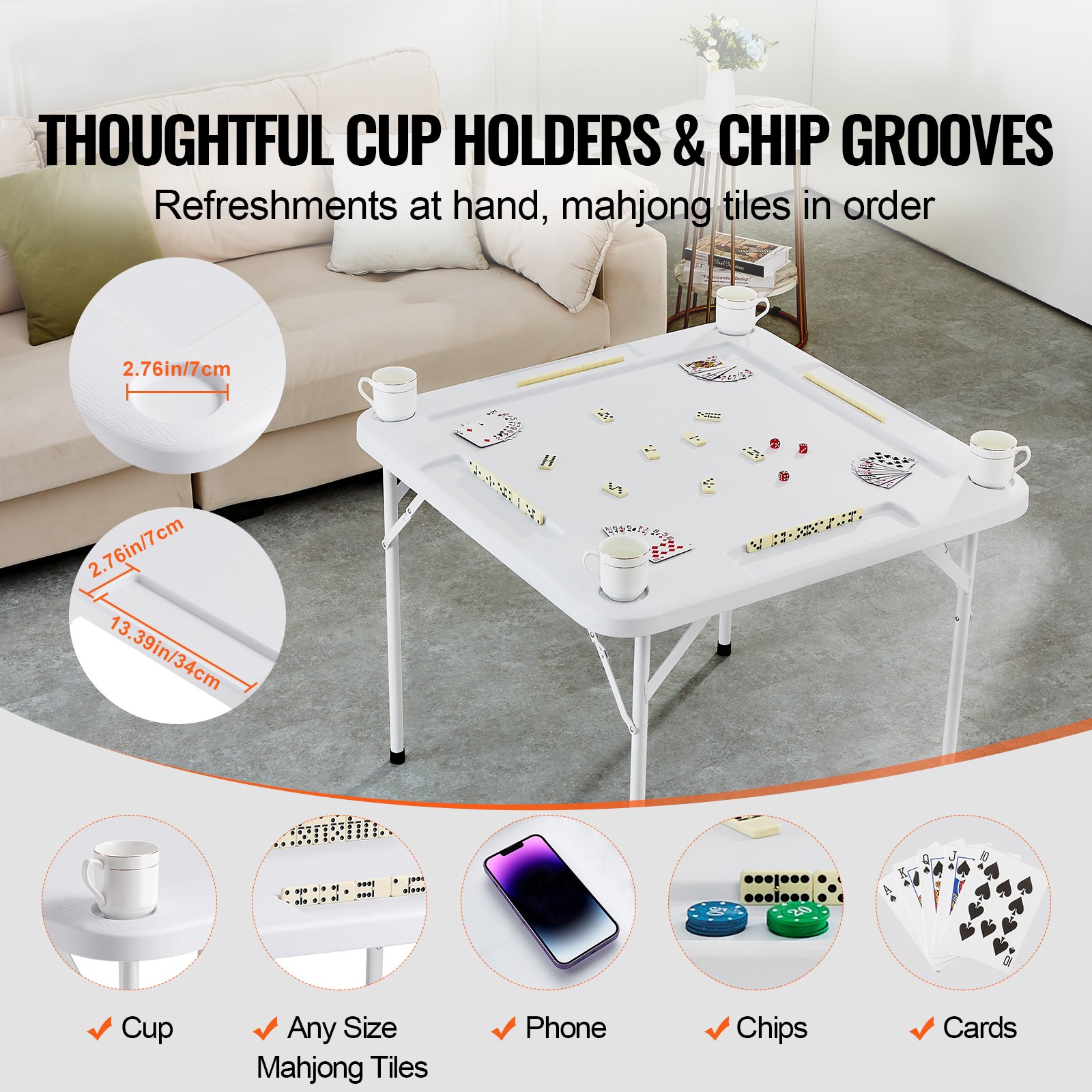 Uimoso Mahjong Table 4Player Folding Card Table & 4 Cup Holders Chip Trays White