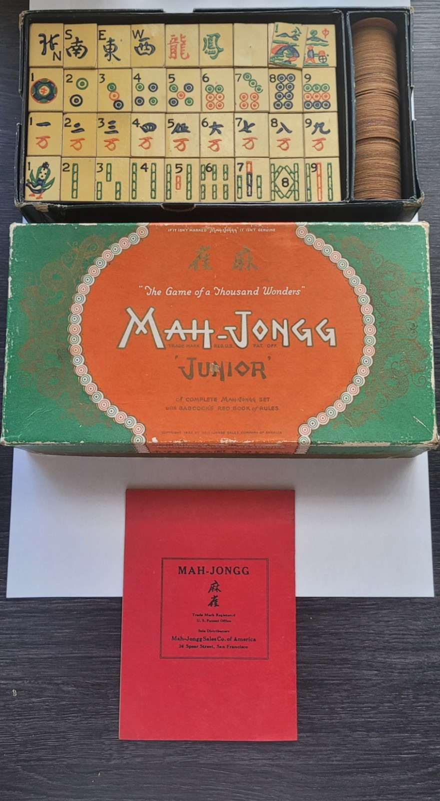 ANTIQUE / VINTAGE MAH – JONGG JUNIOR GAME CIRCA 1923 WITH ALL TILES & TINY DICE