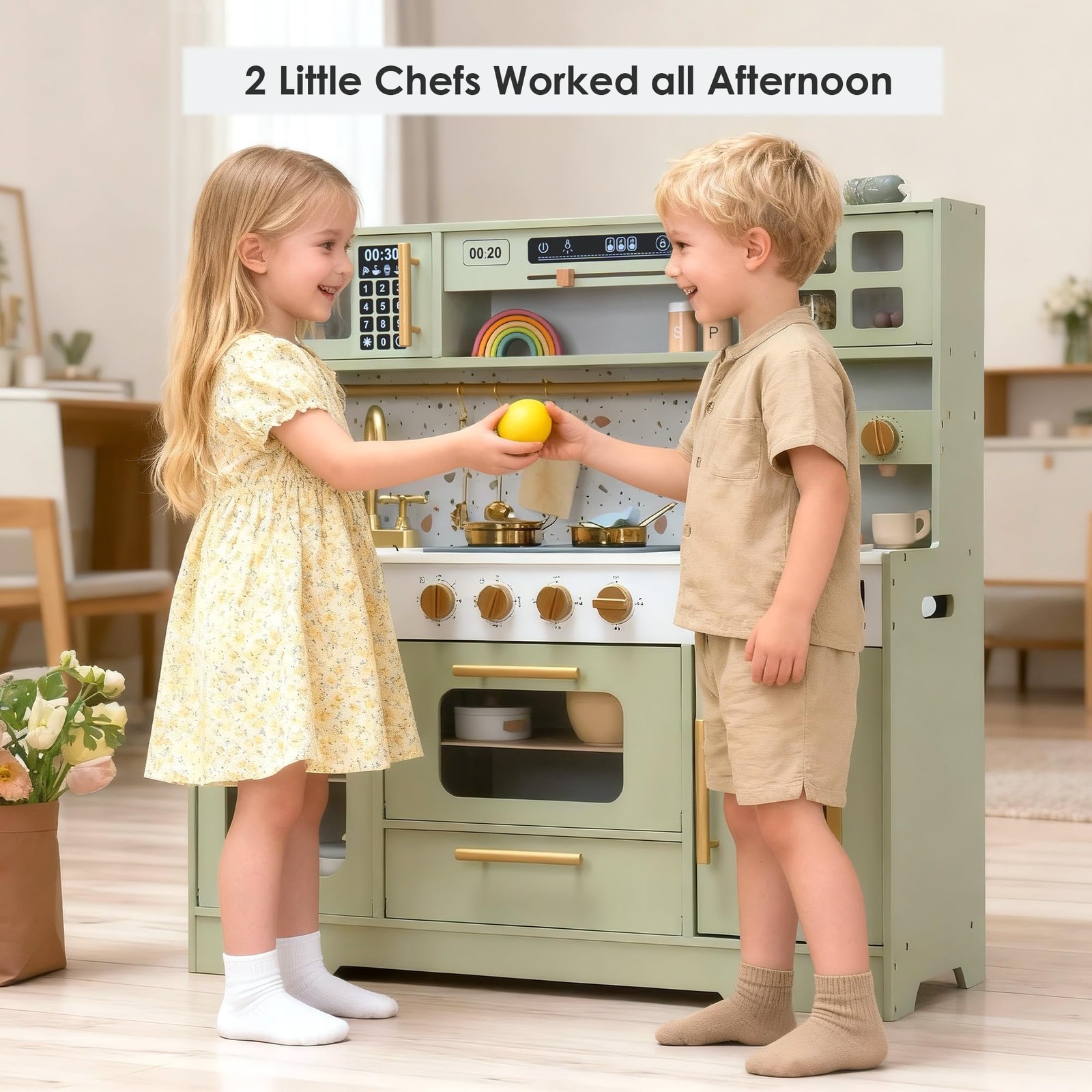 Kids Wooden Play Kitchen Set Stove Sink Coffee Maker 15 Accessories Realistic