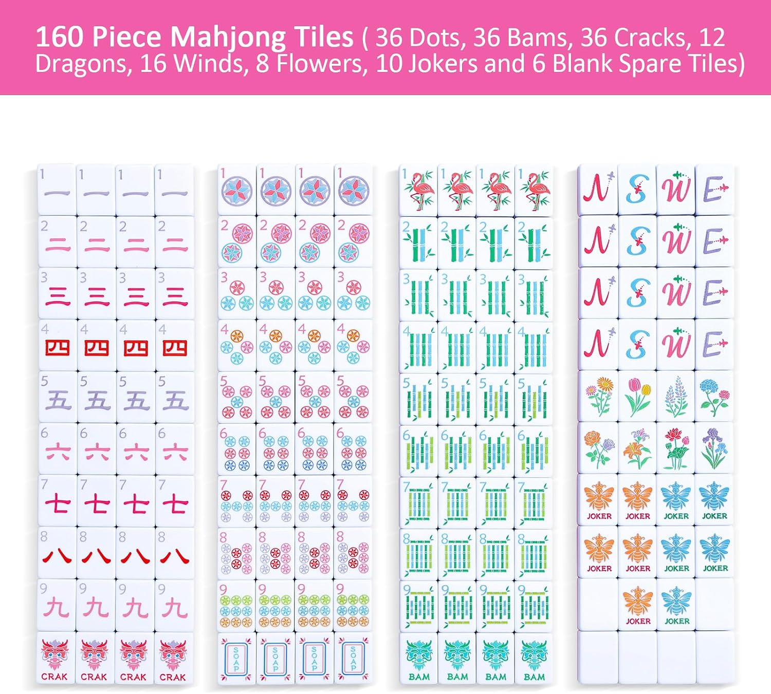 American Mahjong Tile Set, 160 Engraved Tiles with Mah-jongg Accessories and Til